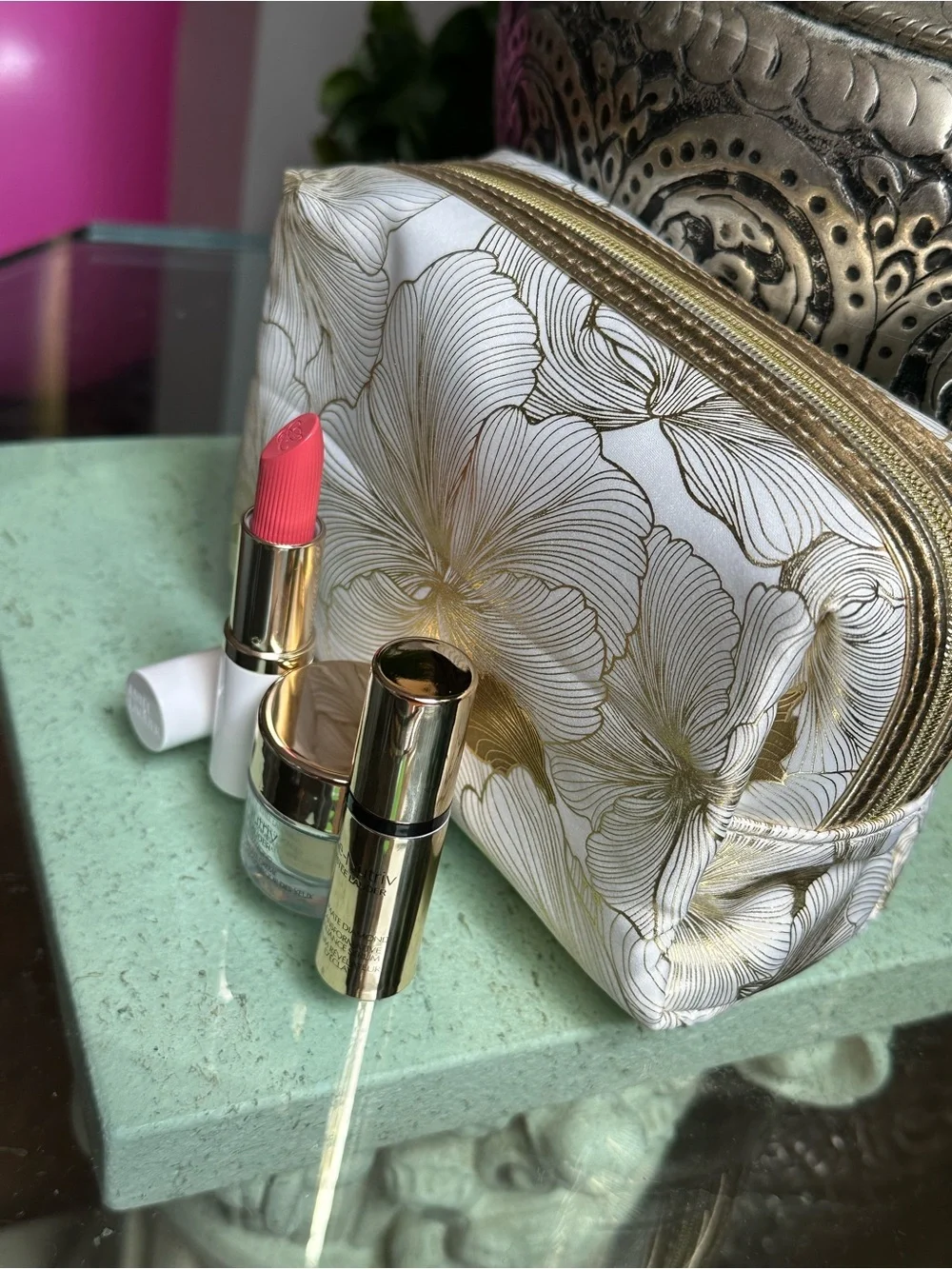 Estee Lauder Pink Lipstick & Skincare Set with Floral Cosmetic Bag